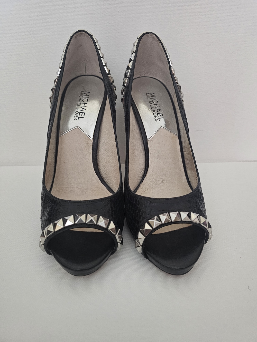 Michael Kors Black Ella Peep-Toe Pumps with Silver Pyramid Studs Trim
